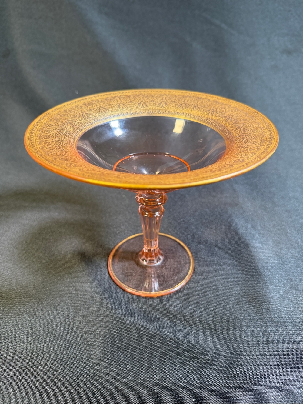 Vintage Cambridge Amber Glass Compote Bowl Florentine Etch Pedestal Candy Dish